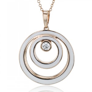 Rose gold double circle pendant detailed with white enamel