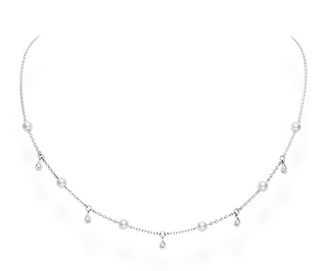 Station diamond and pearl necklace on a white gold chain by Mikimoto