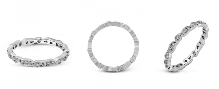 Three perspectives of a Simon G. stackable fashion ring with diamonds and intricate metalwork