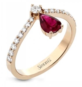 Pear-shaped ruby prong-set in a gold fashion ring from Simon G.