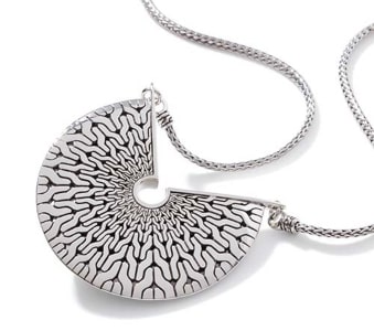 A John Hardy circle pendant features a foxtail sterling silver chain